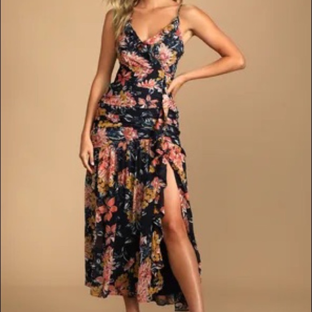 Lulus Stunning Soirée Navy Blue Floral Print Ruched Midi Dress